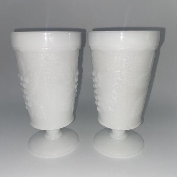 Anchor Hocking White Milk Glass Grape Leaves 5 3/4” Footed Goblet  Set Of 2 - Picture 5 of 11